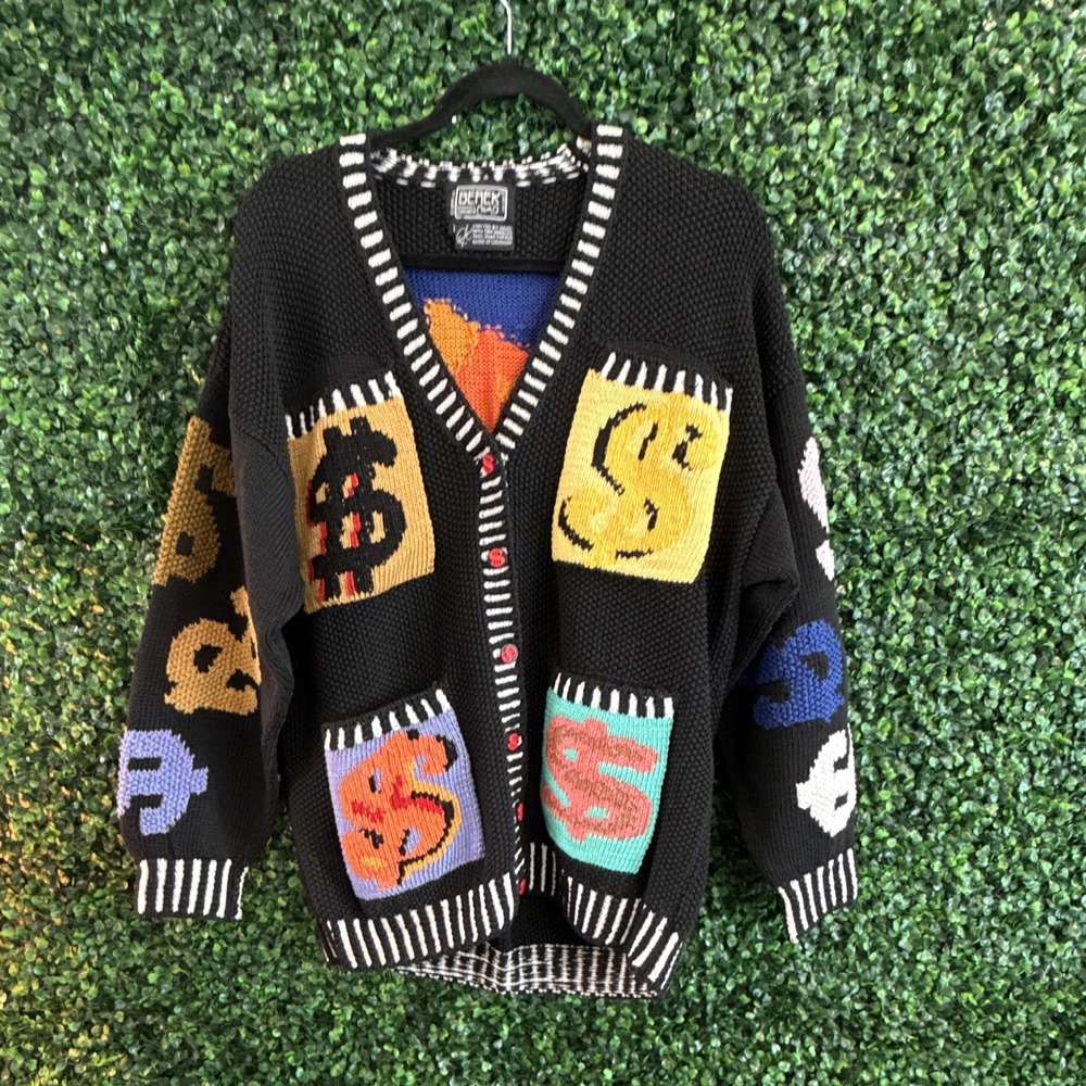 Berek Multicolor Graphic Knit Cardigan Sweater V-Neck Long Sleeve Button